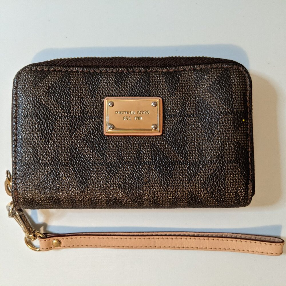 Michael Kors Brown Zippered Wristlet/Clutch, Gold Hardware